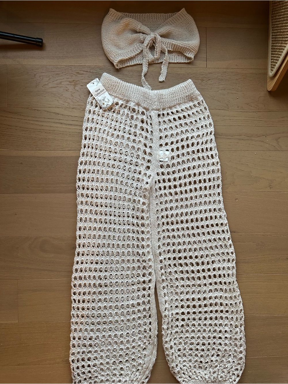 Crochet Two-Piece Set in Cream - Knit Crop Top & Wide Leg Pants